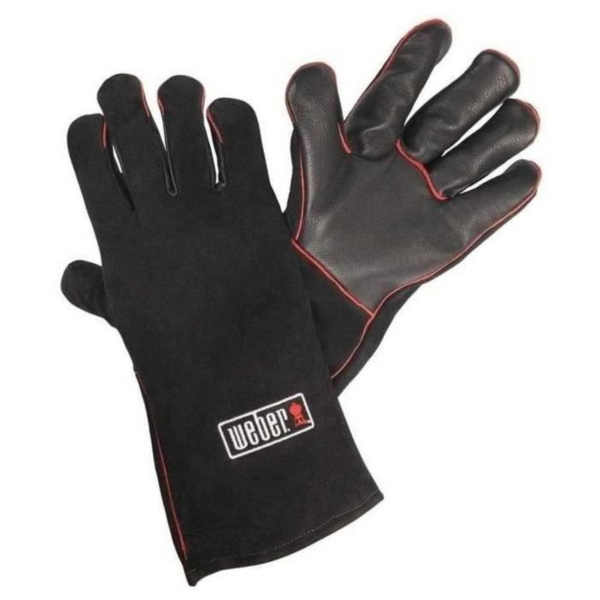 Czarne rękawice do grillowania, z czerwonymi obszyciami i logo Weber z przodu, na białym tle.
