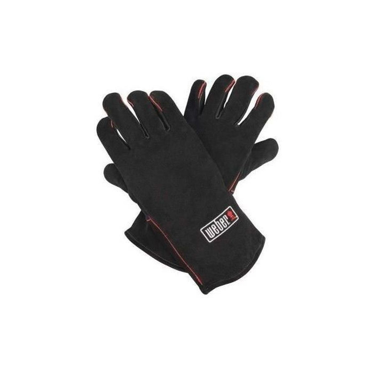 Czarne rękawice do grillowania z czerwonymi obszyciami i białym logo Weber. Białe tło.