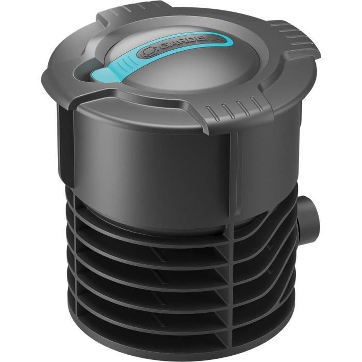 Un distributore d'acqua da giardino cilindrico nero con parte superiore grigia e dettagli blu.