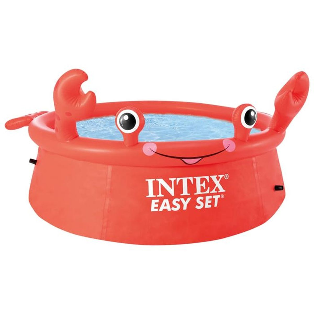 Piscina gonfiabile rossa a forma di granchio con acqua blu. Ha occhi e chele. Sfondo bianco.