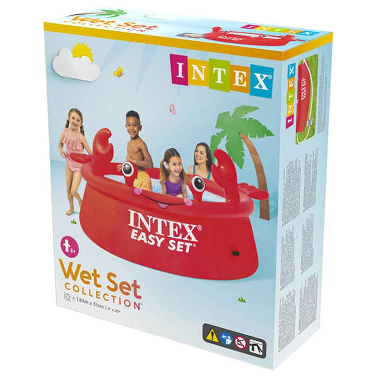 Scatola con l'etichetta 'Wet Set Collection' con bambini che giocano in una piscina a forma di granchio.