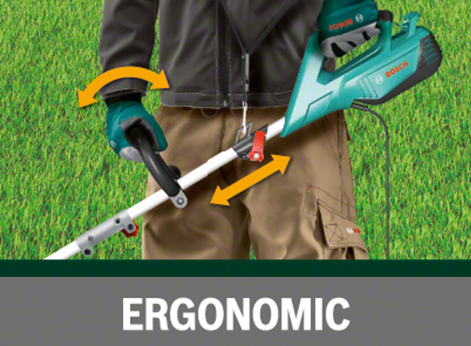 Eine Person hält ein grün-schwarzes Elektrowerkzeug mit grünem Griff.