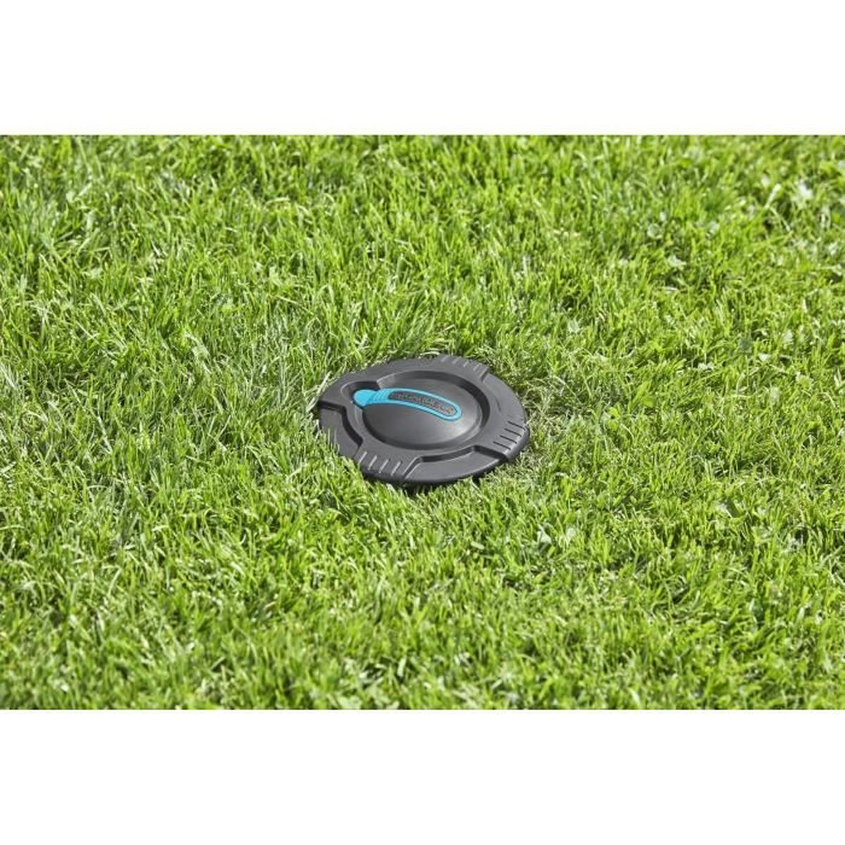 Oggetto circolare nell'erba. Nero con accenti blu. Sembra far parte di un sistema di irrigazione.