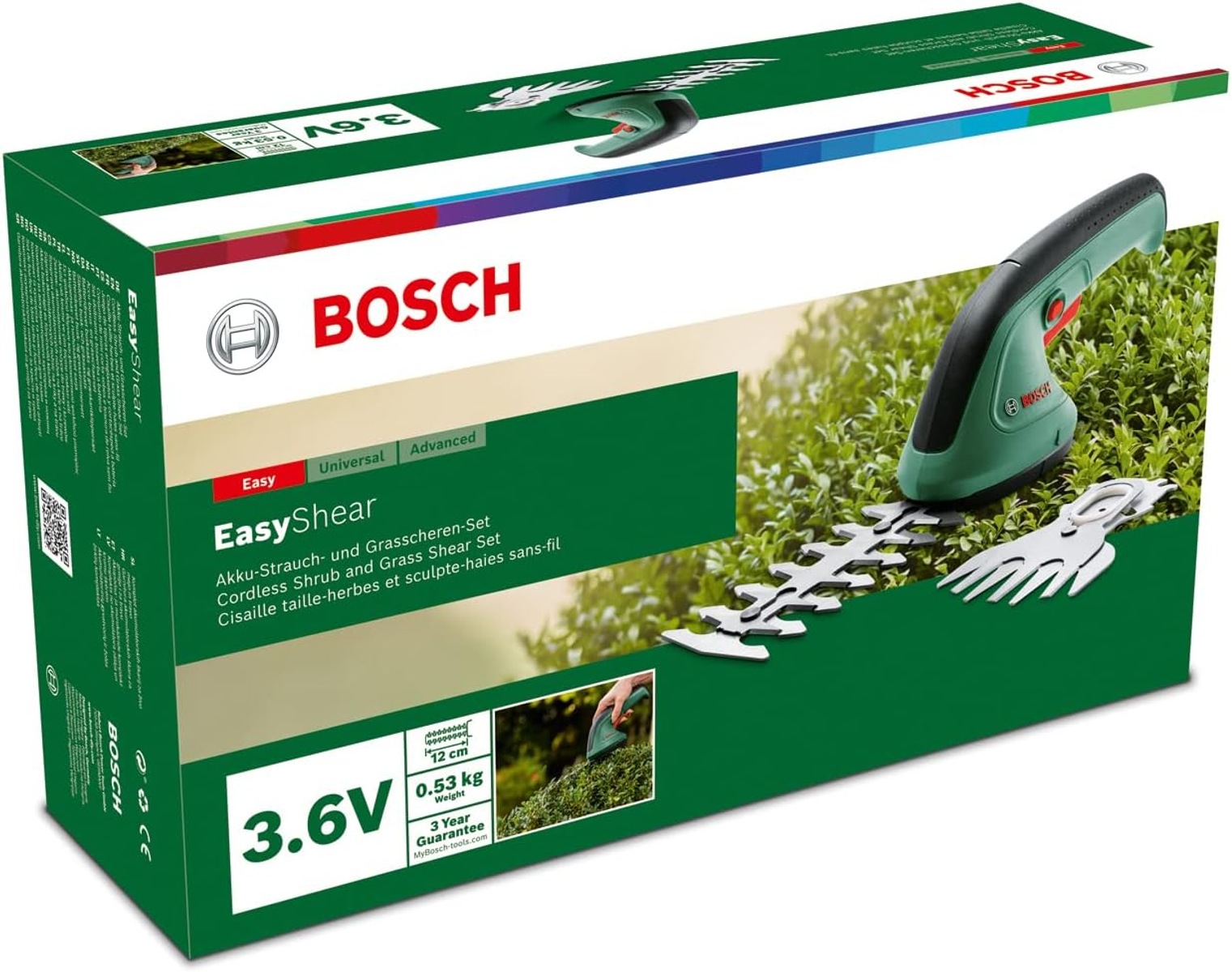 Bosch EasyShear Akku-Strauch- und Grasscheren-Set in Verpackung.