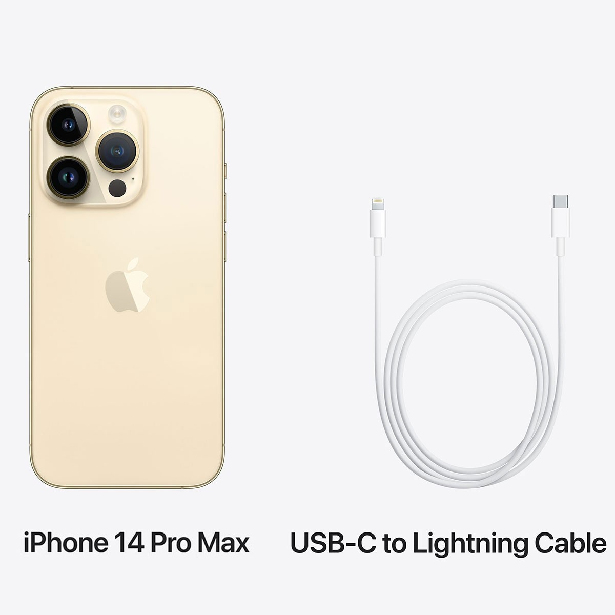 Złoty iPhone 14 Pro Max i biały kabel USB-C do Lightning.