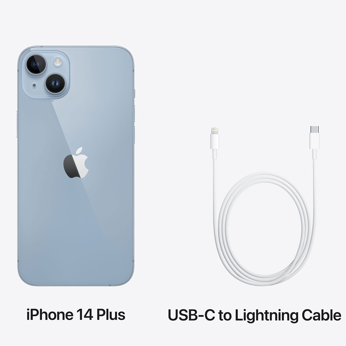 iPhone 14 Plus, niebieski i kabel USB-C do Lightning. Oba na białym tle.