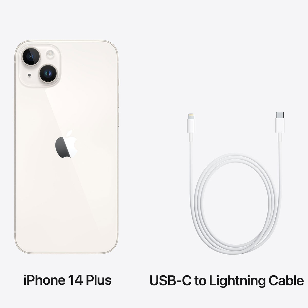 iPhone 14 Plus i kabel USB-C do Lightning na białym tle.
