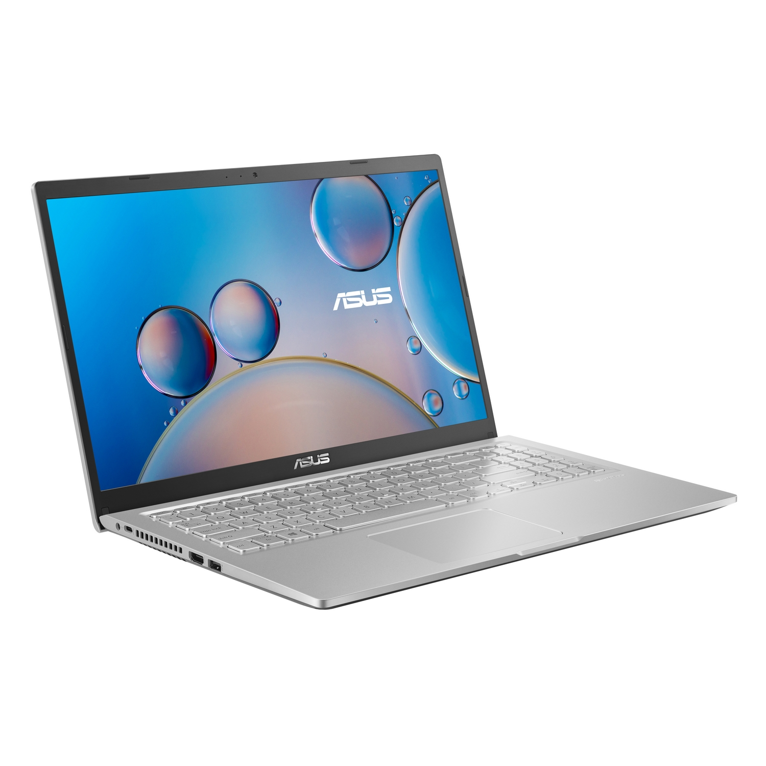 Laptop ASUS argentato, aperto, angolato. Sfondo bianco.