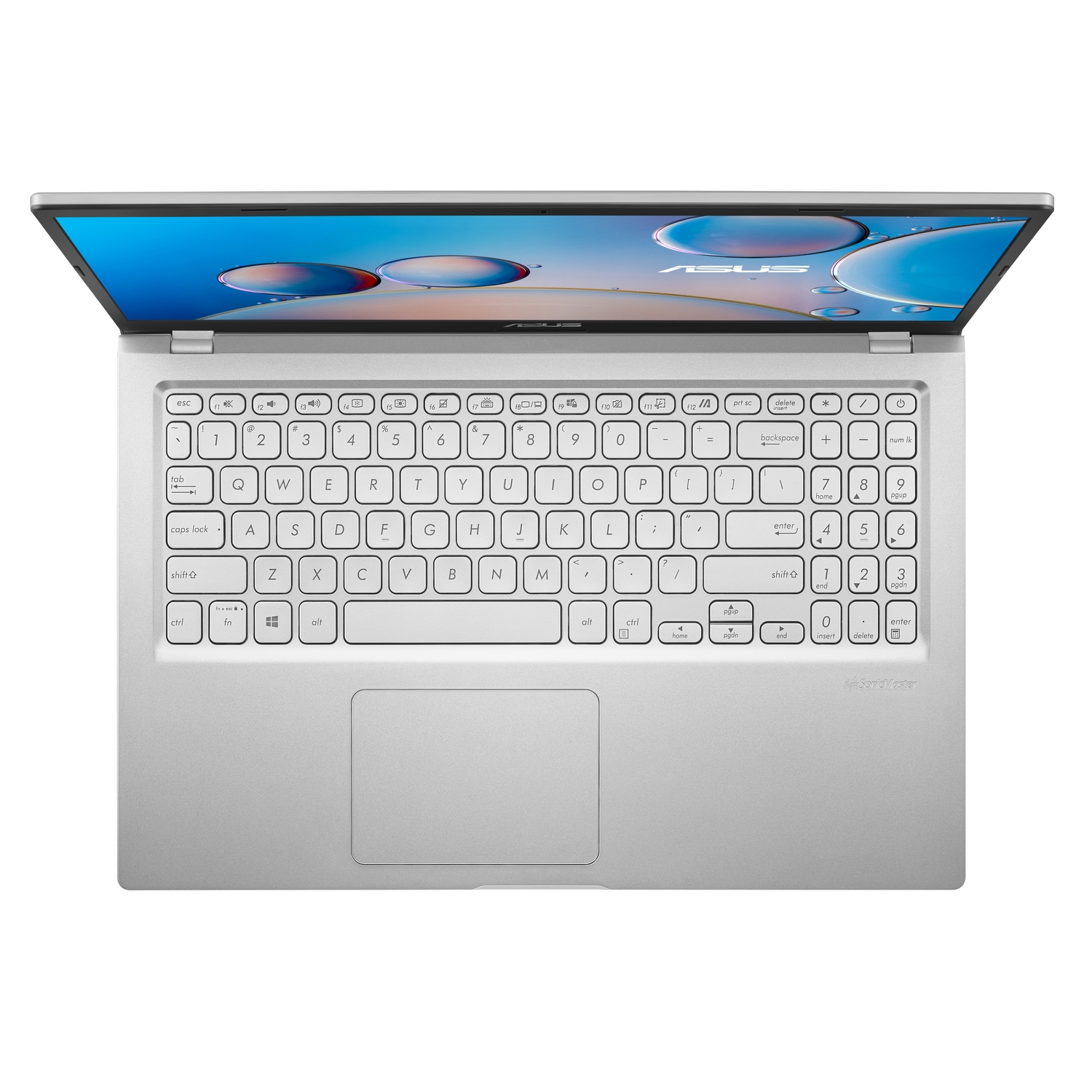 Laptop argento, aperto, vista dall'alto della tastiera e dello schermo. Sfondo bianco.