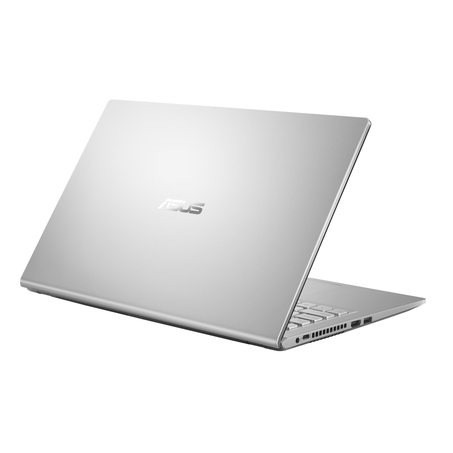 Laptop argentato, logo ASUS sul coperchio. Schermo chiuso. Sfondo bianco.