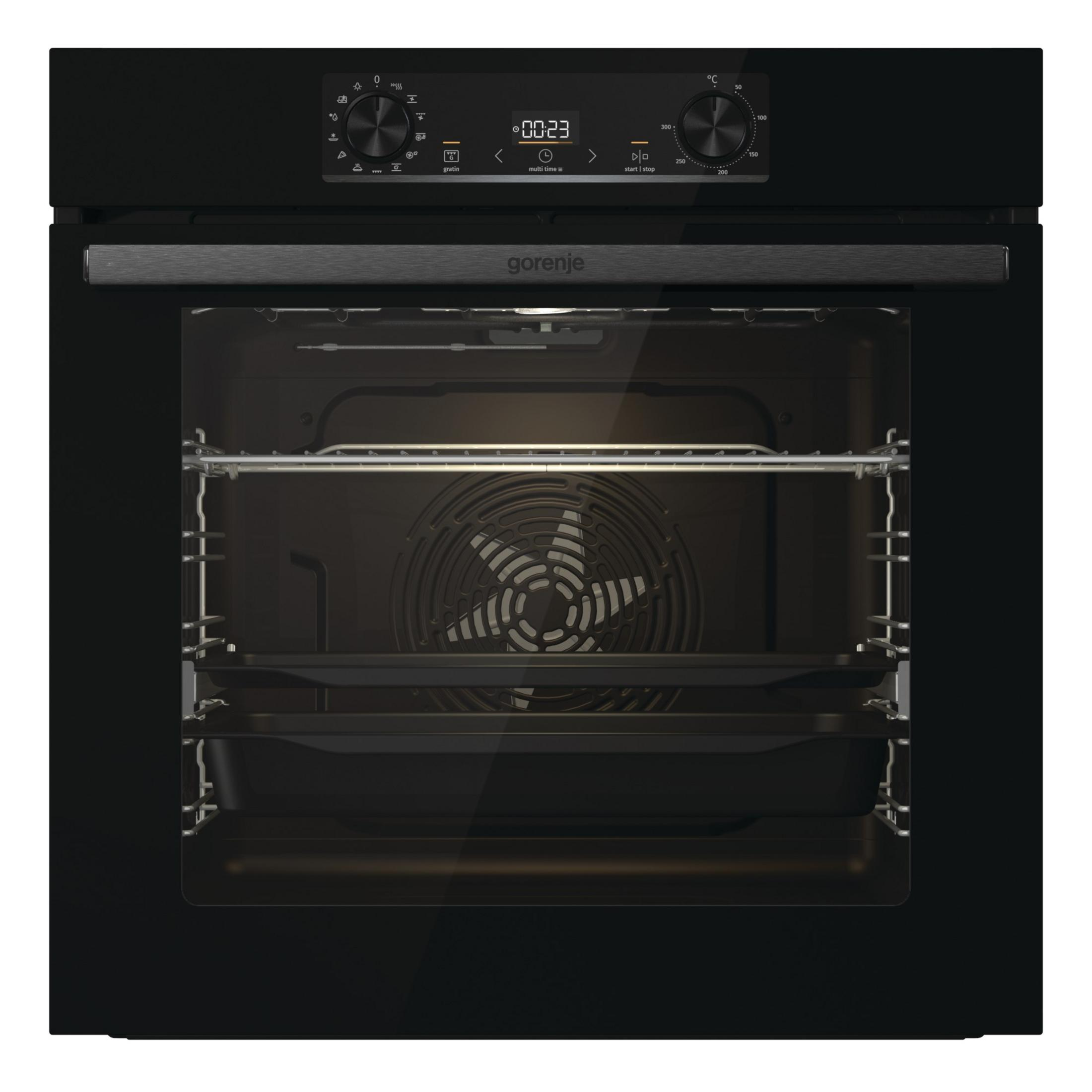 Schwarzer Einbaubackofen mit Digitalanzeige und Ventilator.