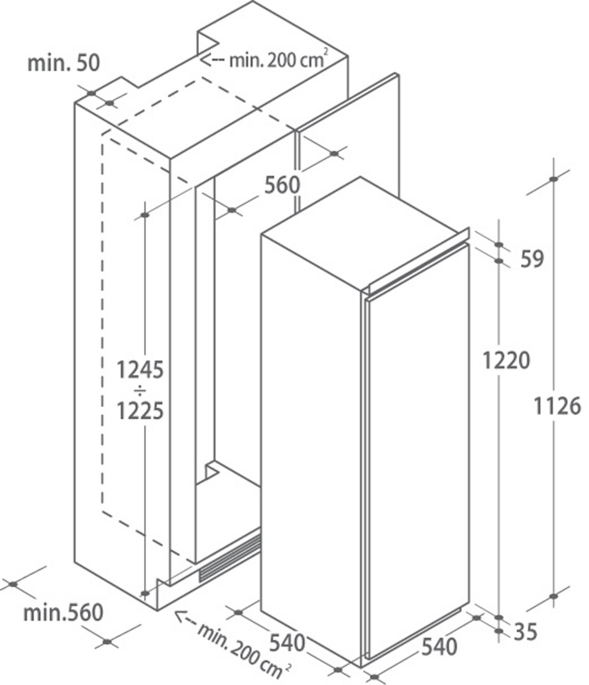 Isometrische Ansicht eines Kühlschranks mit Maßen, Installationsdetails.