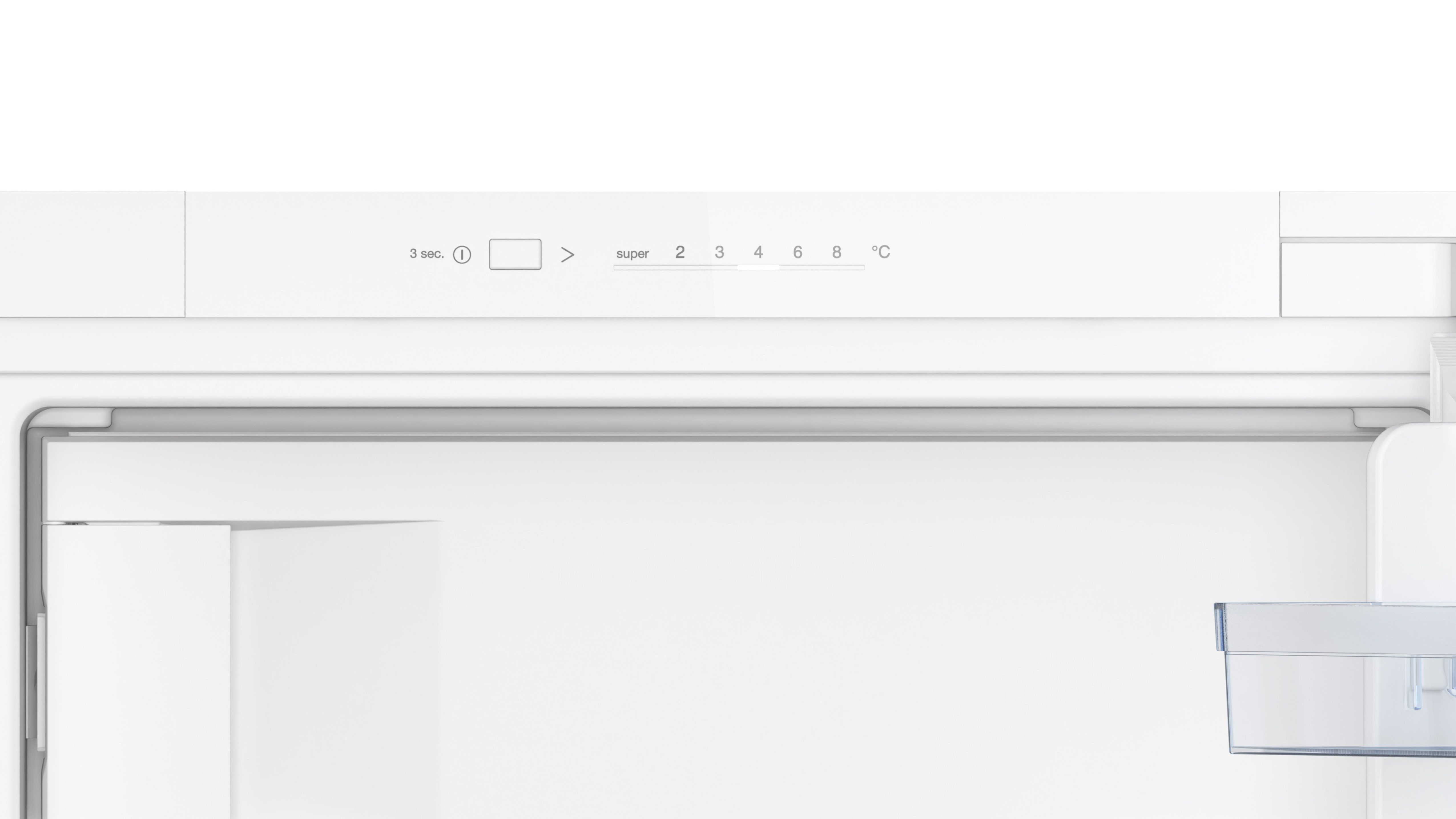 Kühlschrank-Bedienfeld mit Temperatureinstellungen und einem Regal.