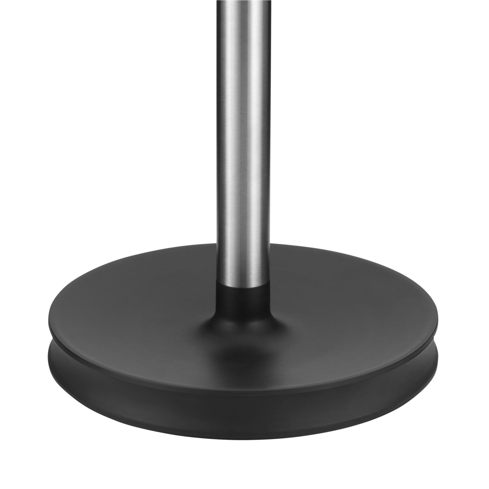 Siyah ve gümüş metal bir stand. Taban, yukarı doğru uzanan gümüş bir direkle yuvarlaktır.