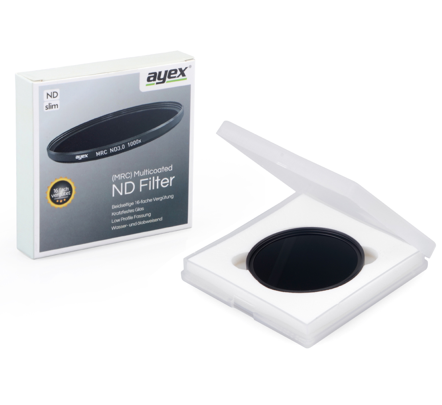 Schwarzer ND-Filter in einer Box. Box und Filter auf weißer Oberfläche. Der Filter ist geöffnet.