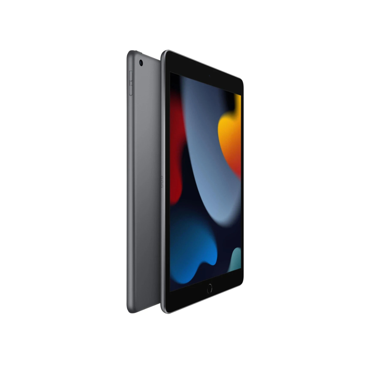 Szary iPad z ekranem wyświetlającym abstrakcyjny, kolorowy obraz.