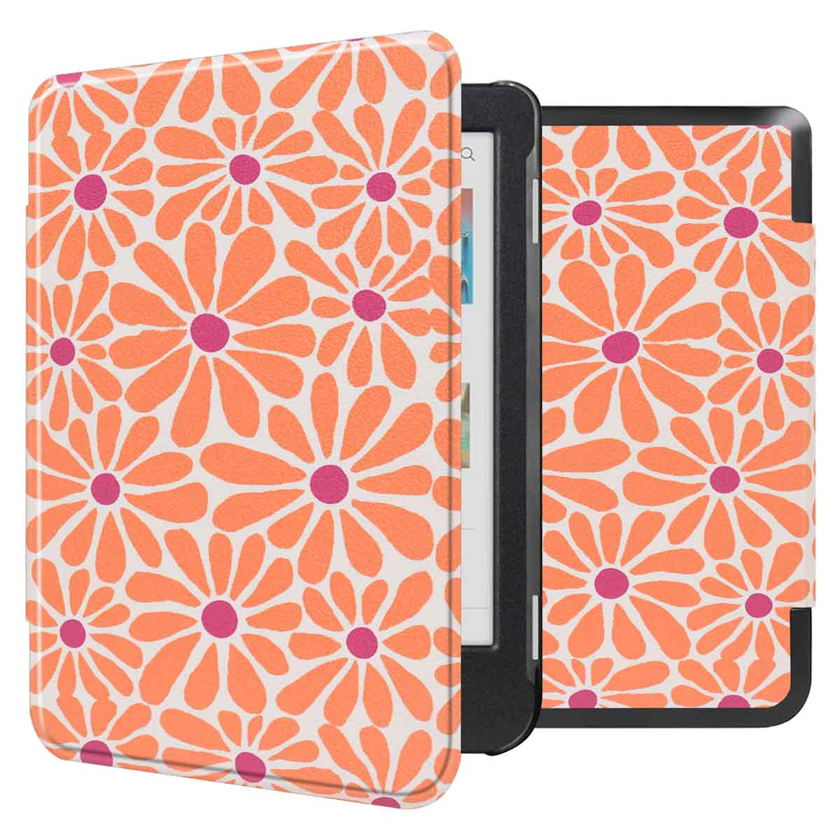 Étui de liseuse avec un motif floral orange.