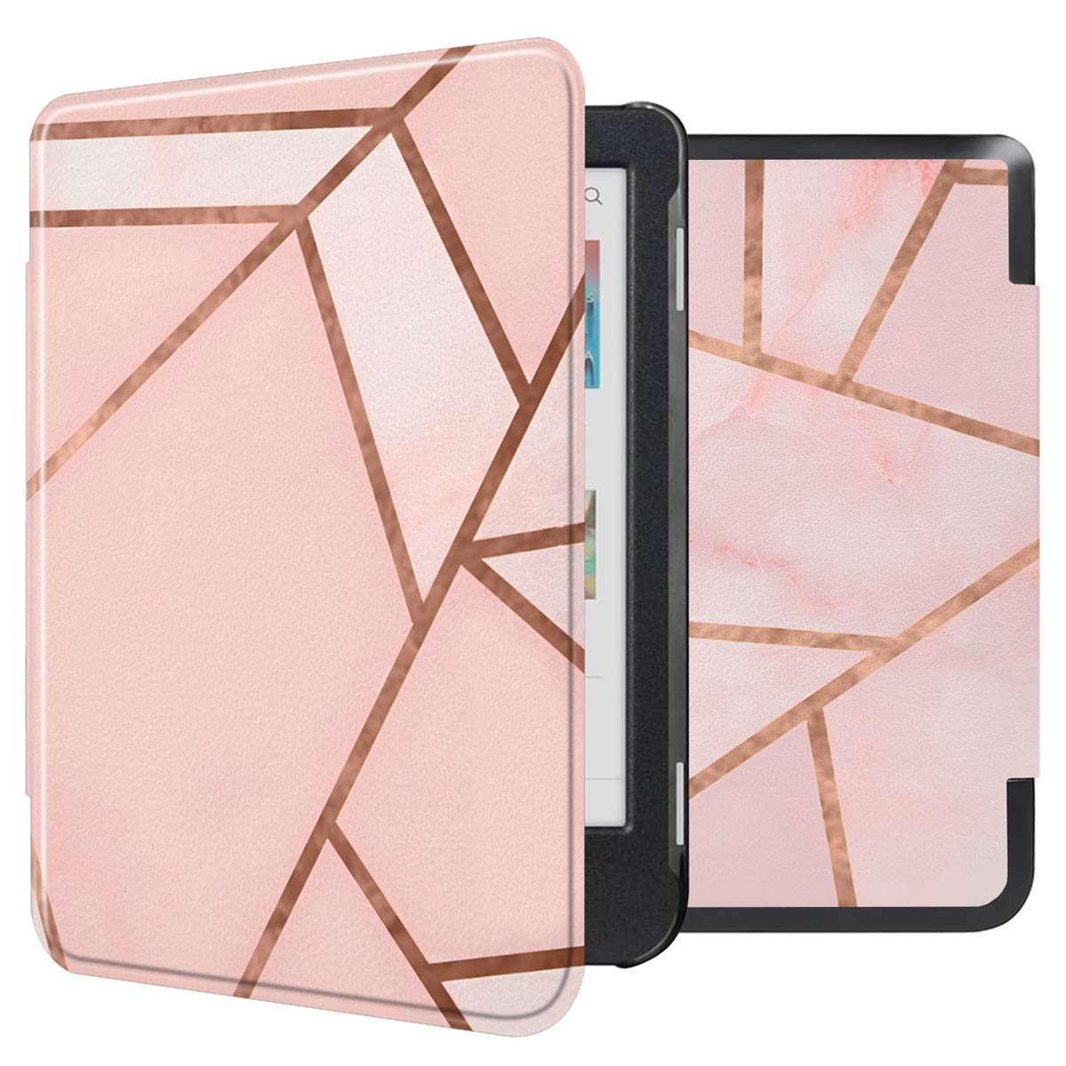 Étui à motifs géométriques roses et bruns pour un lecteur électronique.