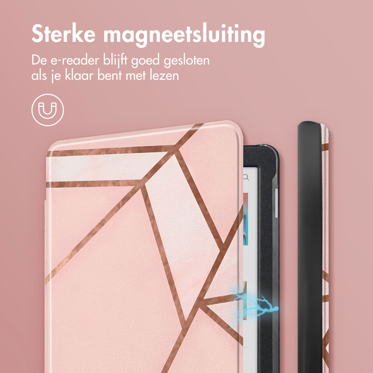 Housse de liseuse rose à motif géométrique avec détail de fermeture magnétique.