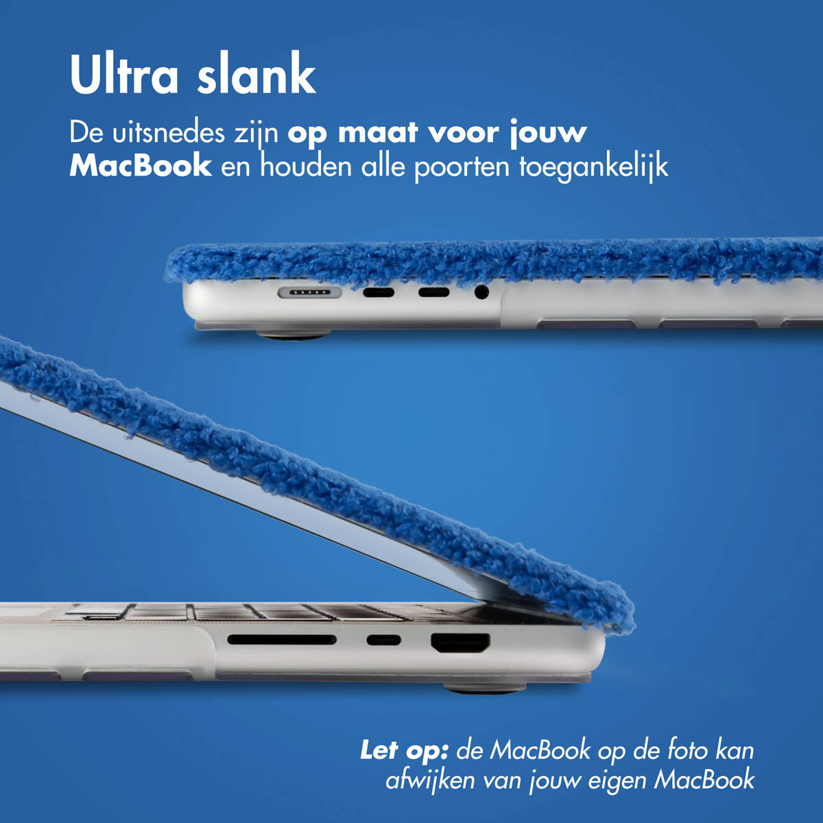 Blue microfiber cloth on a laptop, with text about Macbook compatibility.