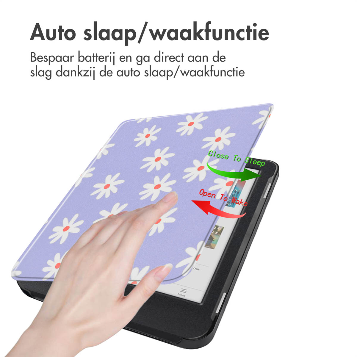 An e-reader case with a daisy design, showing the open and close function.