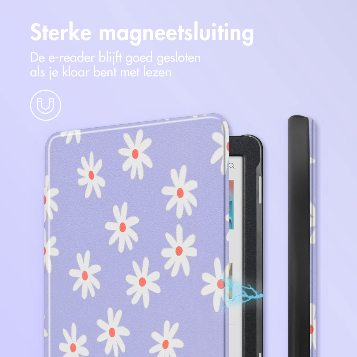A lavender e-reader case with daisy pattern and magnetic closure. Text: Strong magnetic closure.