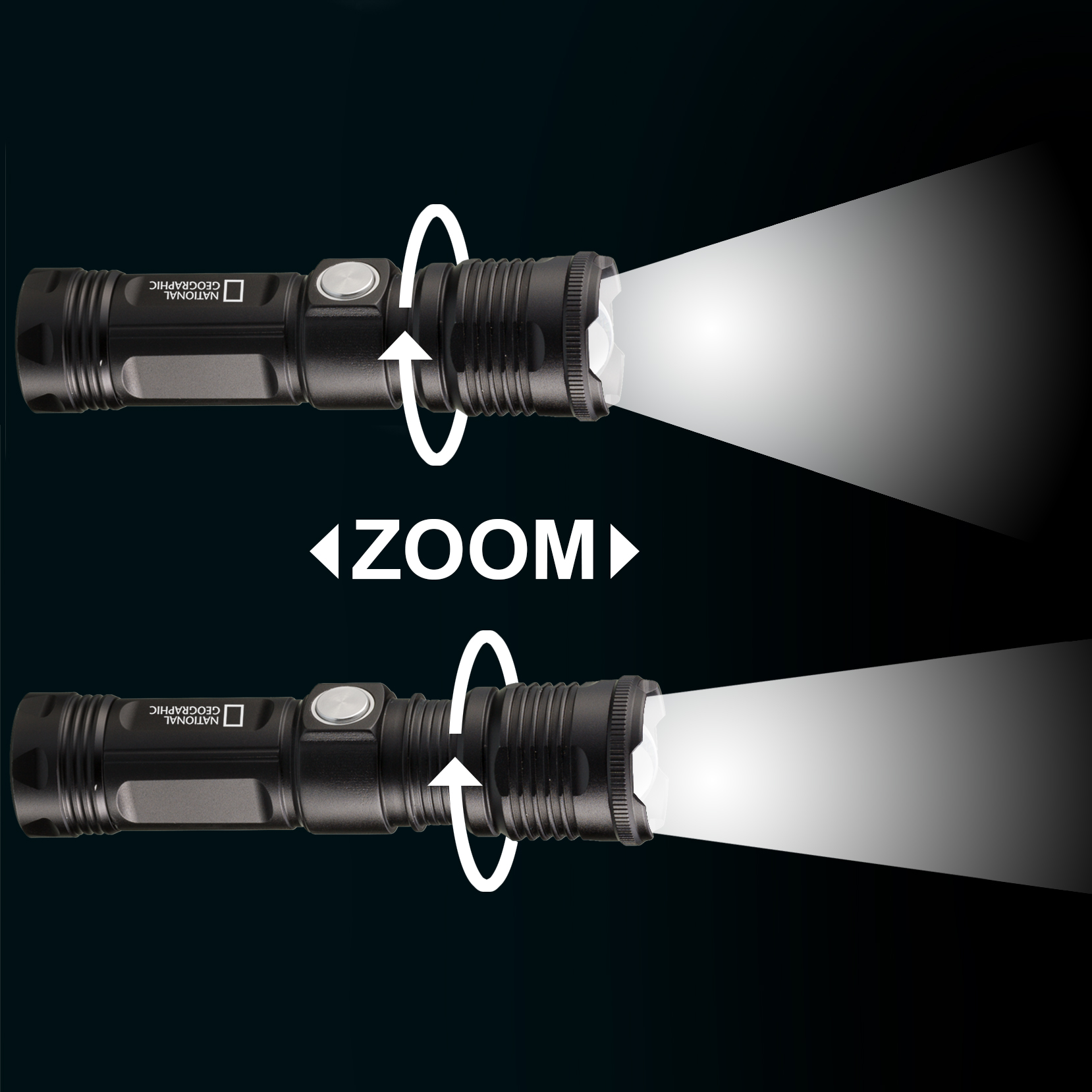 Dos linternas. La función de zoom se demuestra con las flechas. El logotipo de National Geographic está en ella.