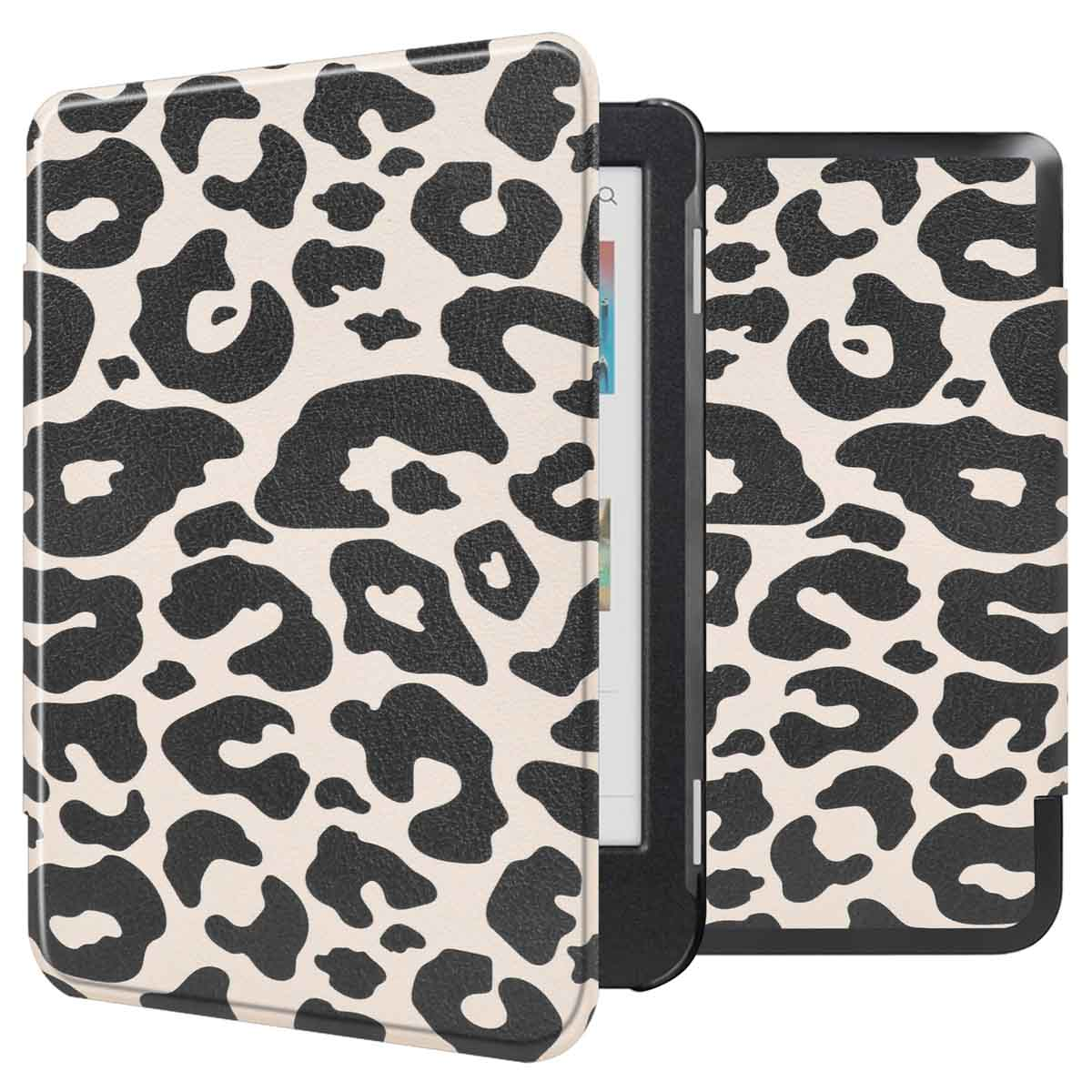 Kindle in luipaardprint hoes. Open hoes toont het scherm. De hoes is beige met zwarte vlekken.