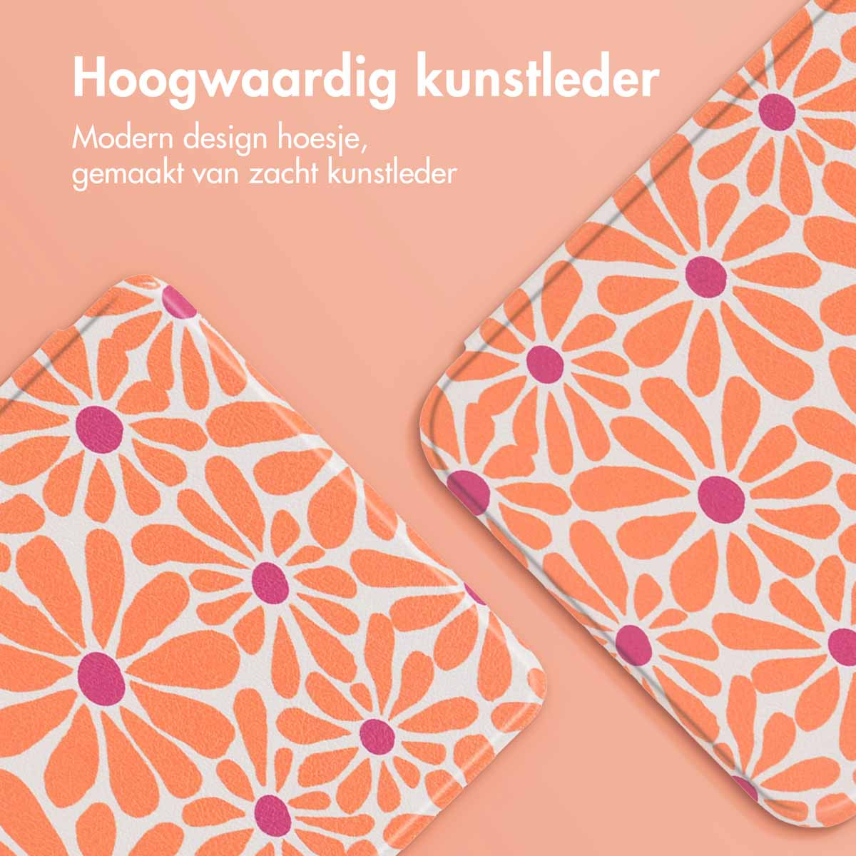 Twee oranje bloempatroon hoesjes. Bovenstaande tekst zegt: Hoogwaardig kunstleer. Modern design.