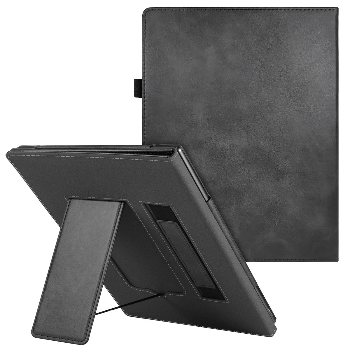 Une étui de tablette noire, avec un support. Un côté est ouvert, montrant la tablette à l'intérieur.
