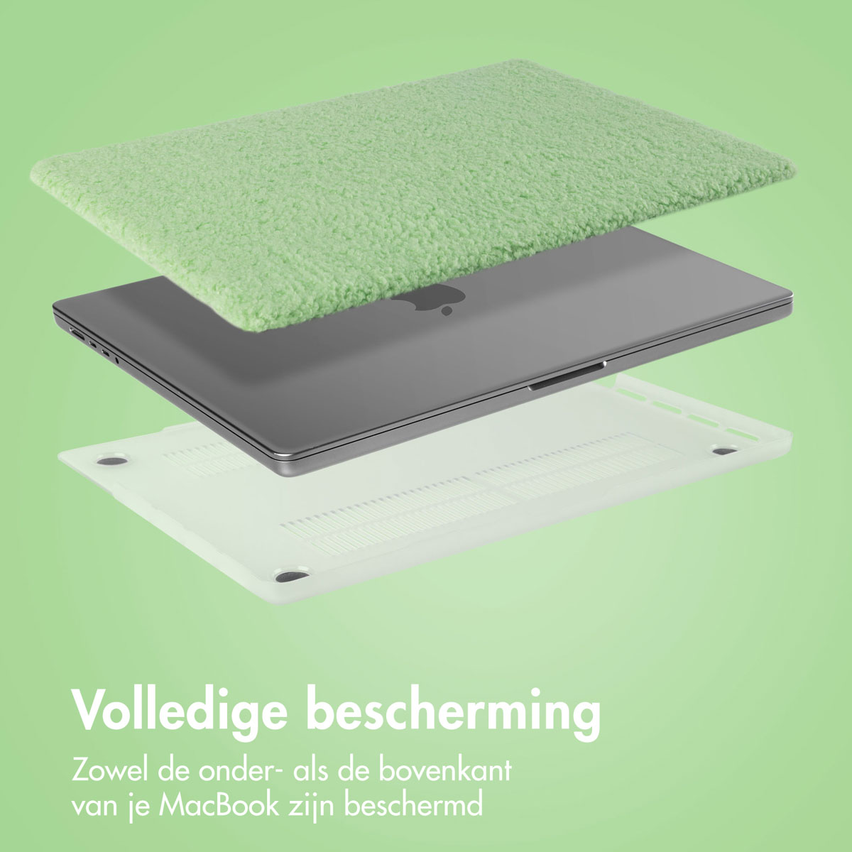 Laptop with a green fuzzy cover and white protective case. Layered for full protection.
