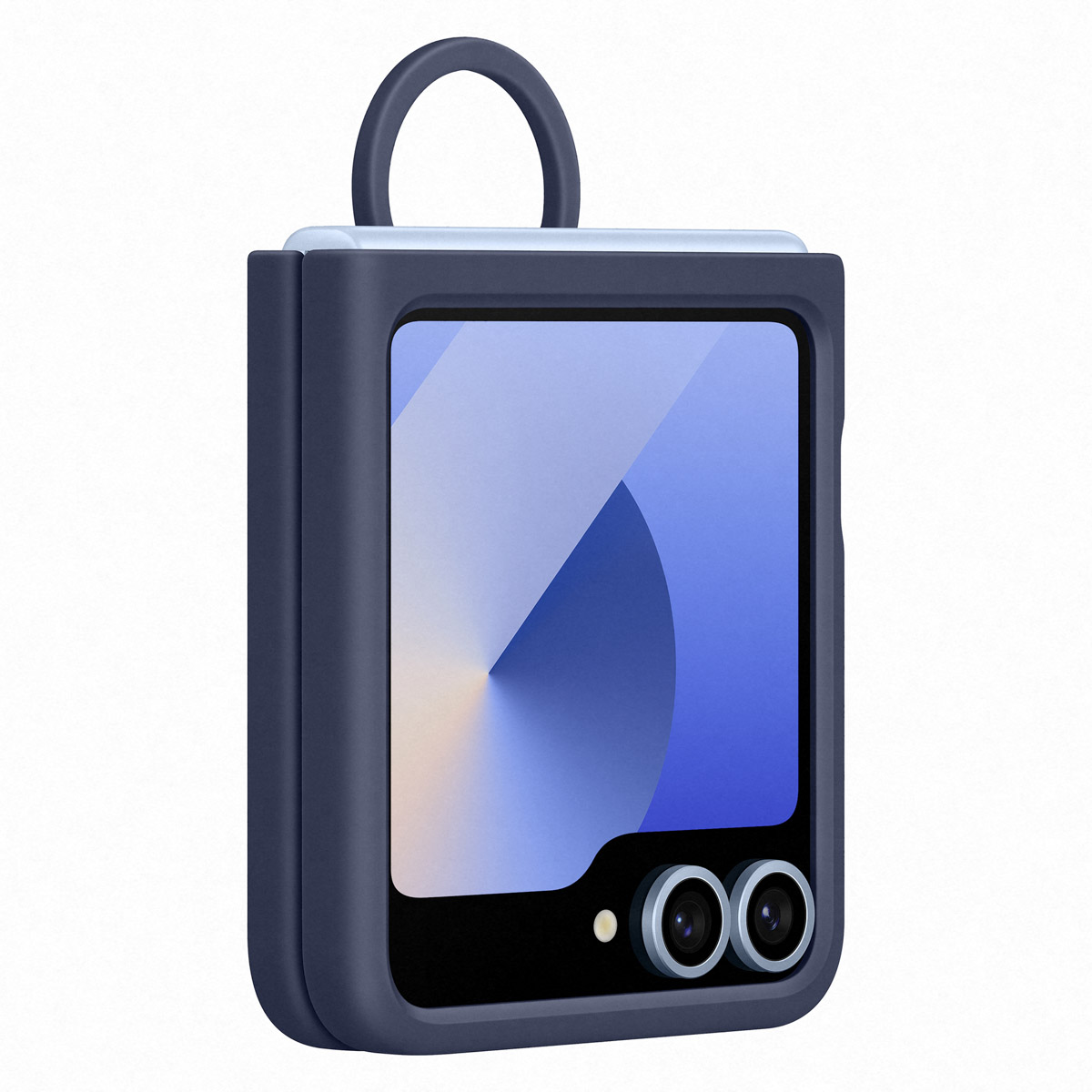 Faltbares Telefon in einem blauen Gehäuse. Das Telefon ist geschlossen, mit blauem Bildschirm.
