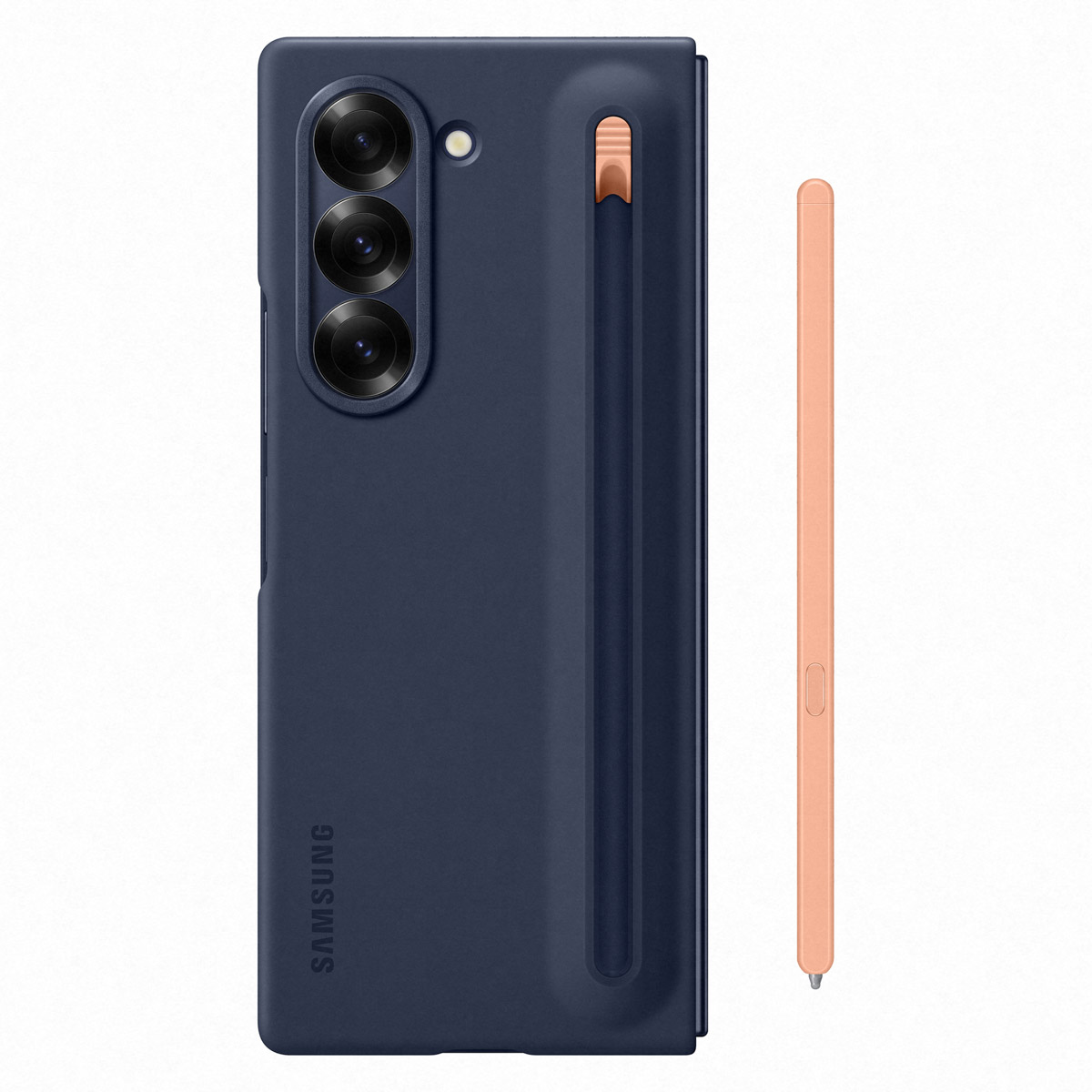 Funda azul marino para teléfono con tres cámaras y un lápiz al lado.