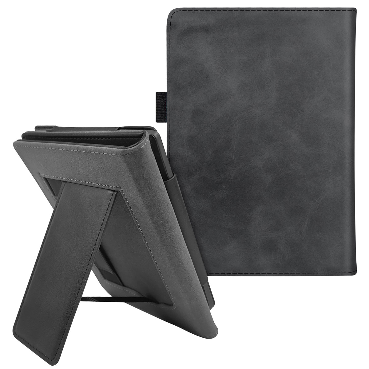 Zwarte e-reader hoes, opgevouwen om te staan. Een andere hoes op de achtergrond.