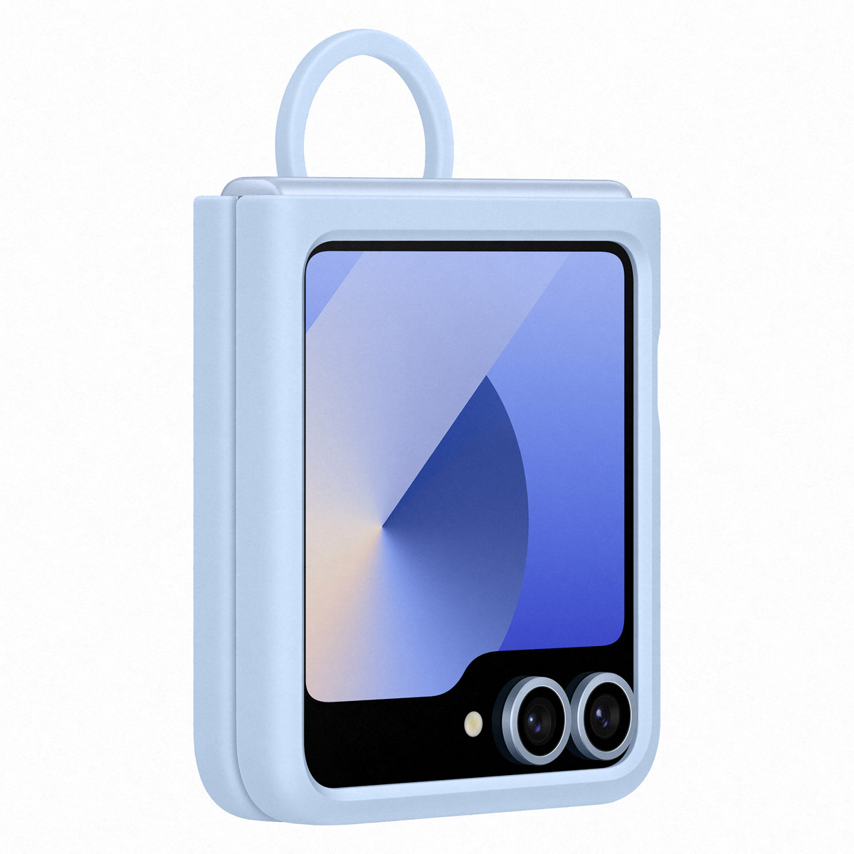 Una funda de teléfono azul con un teléfono plegable en el interior. El teléfono tiene dos cámaras y una pantalla.
