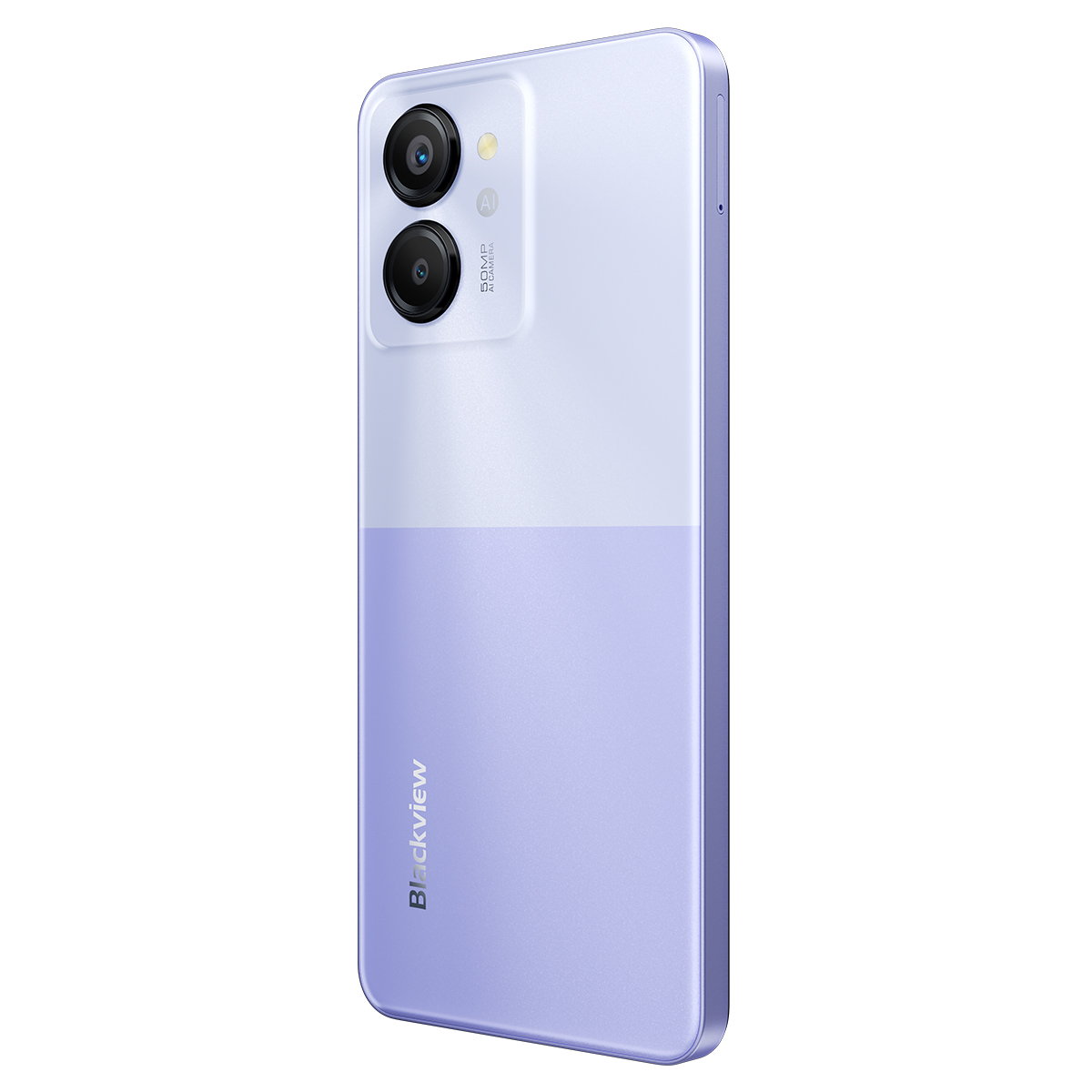 Smartphone viola e bianco, vista posteriore, mostra le lenti della fotocamera e il marchio Blackview.