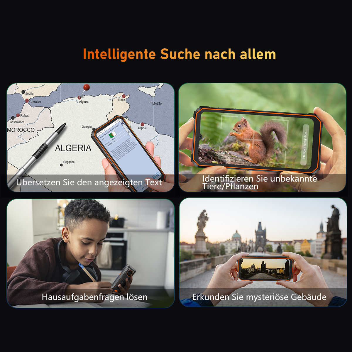 Das Bild zeigt ein Telefon mit Übersetzungs-, Tiererkennungs-, Hausaufgabenhilfe- und Gebäudeerkundungsfunktionen. Das Telefon wird von verschiedenen Personen gehalten.