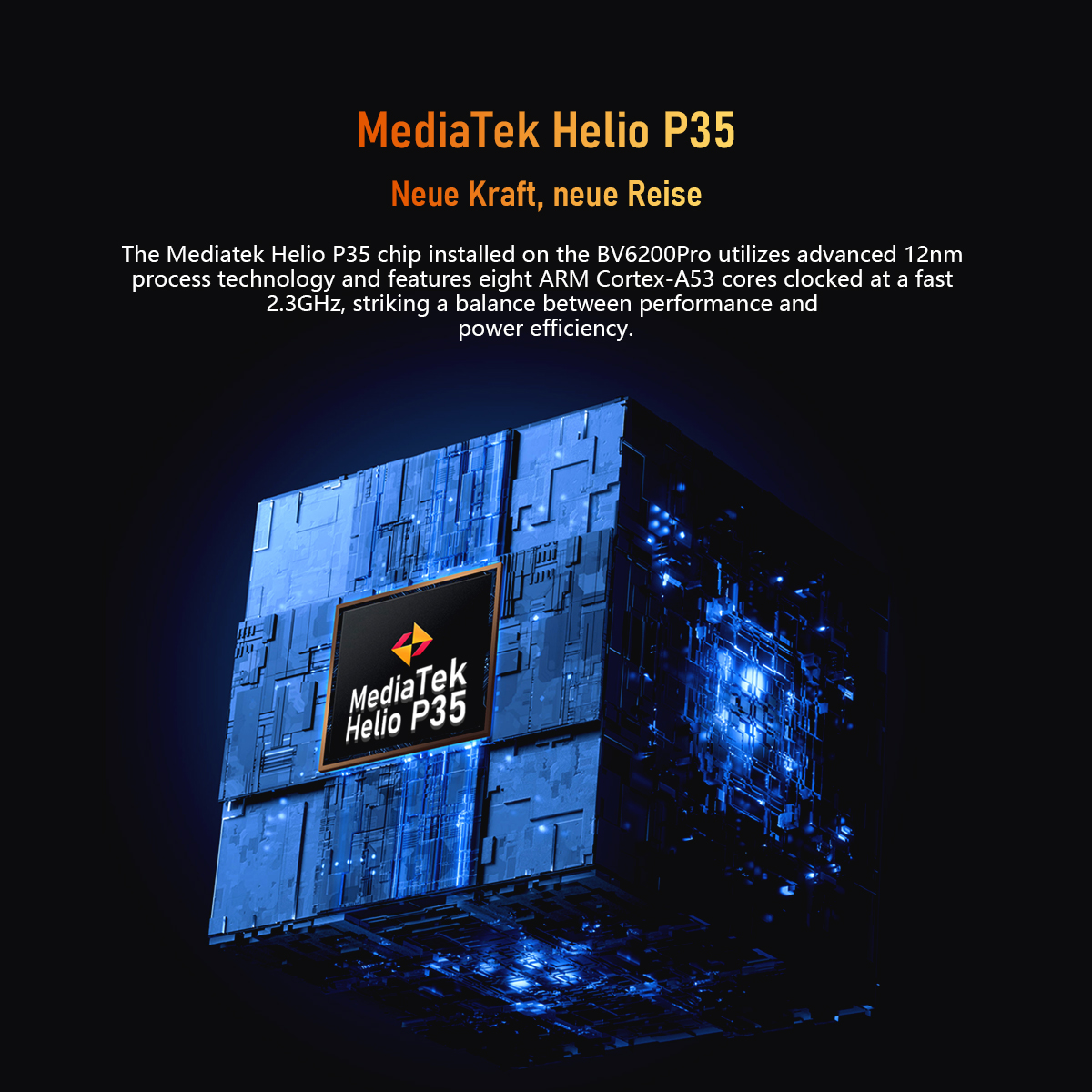 Blauer Würfel mit MediaTek Helio P35 Chip-Grafik. Text in Orange und Weiß beschreibt die Funktionen und Leistung des Chips.