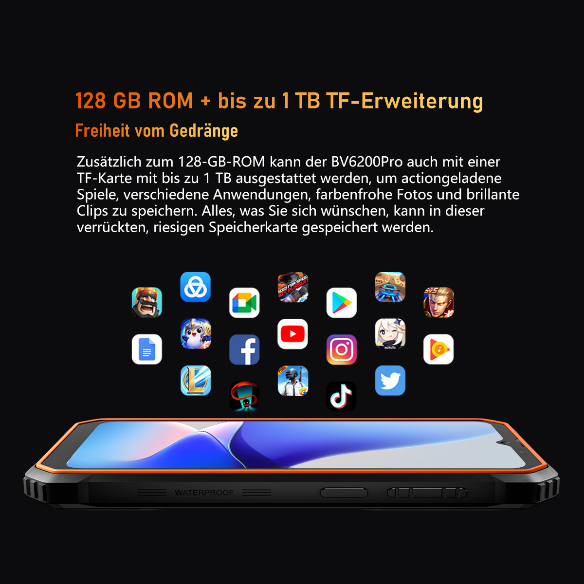 Ein Smartphone mit App-Symbolen darüber. Text über Speicherkapazität oben. Das Telefon ist orange und schwarz.