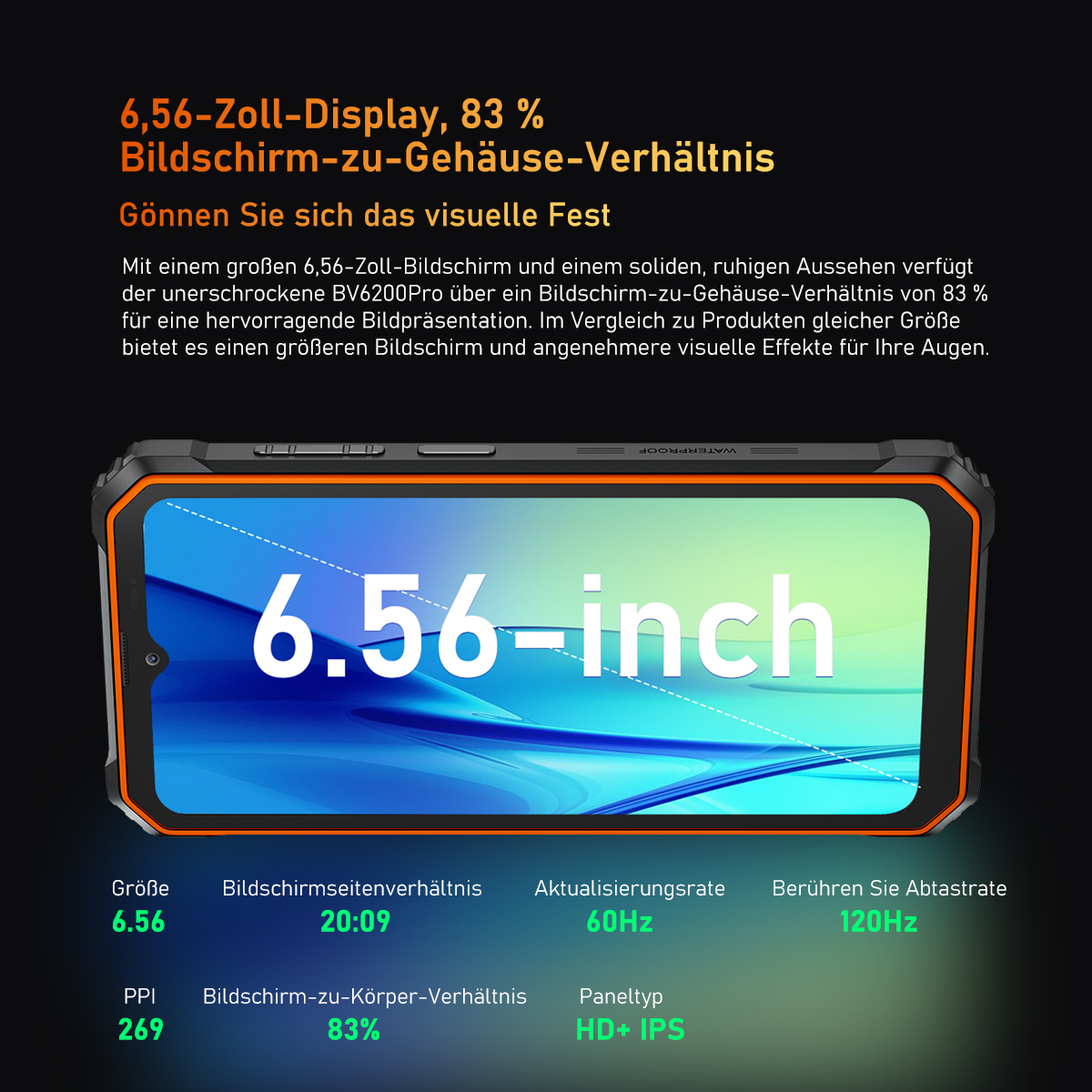 Smartphone mit 6,56-Zoll-Display, 83 % Bildschirm-zu-Körper-Verhältnis und 120 Hz Abtastrate. Zeigt Spezifikationen.