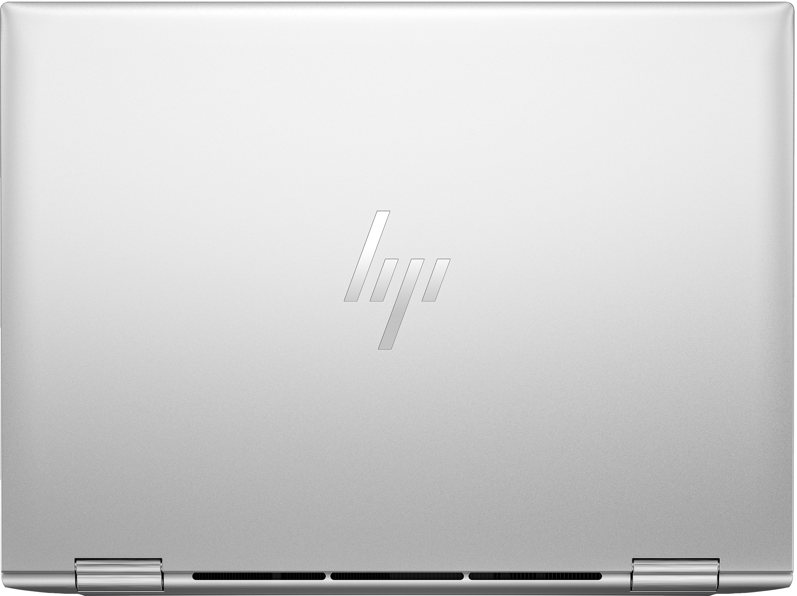 Zilveren laptop bovenkant, gesloten, met het HP-logo in het midden.