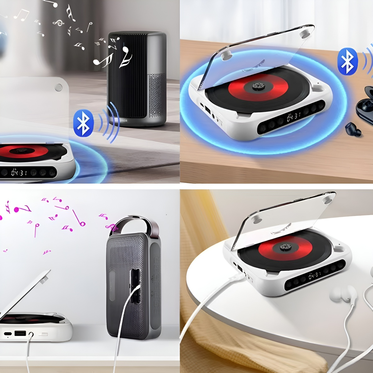Mehrere Bilder zeigen einen tragbaren Musikplayer und Zubehör. Bluetooth aktiviert.