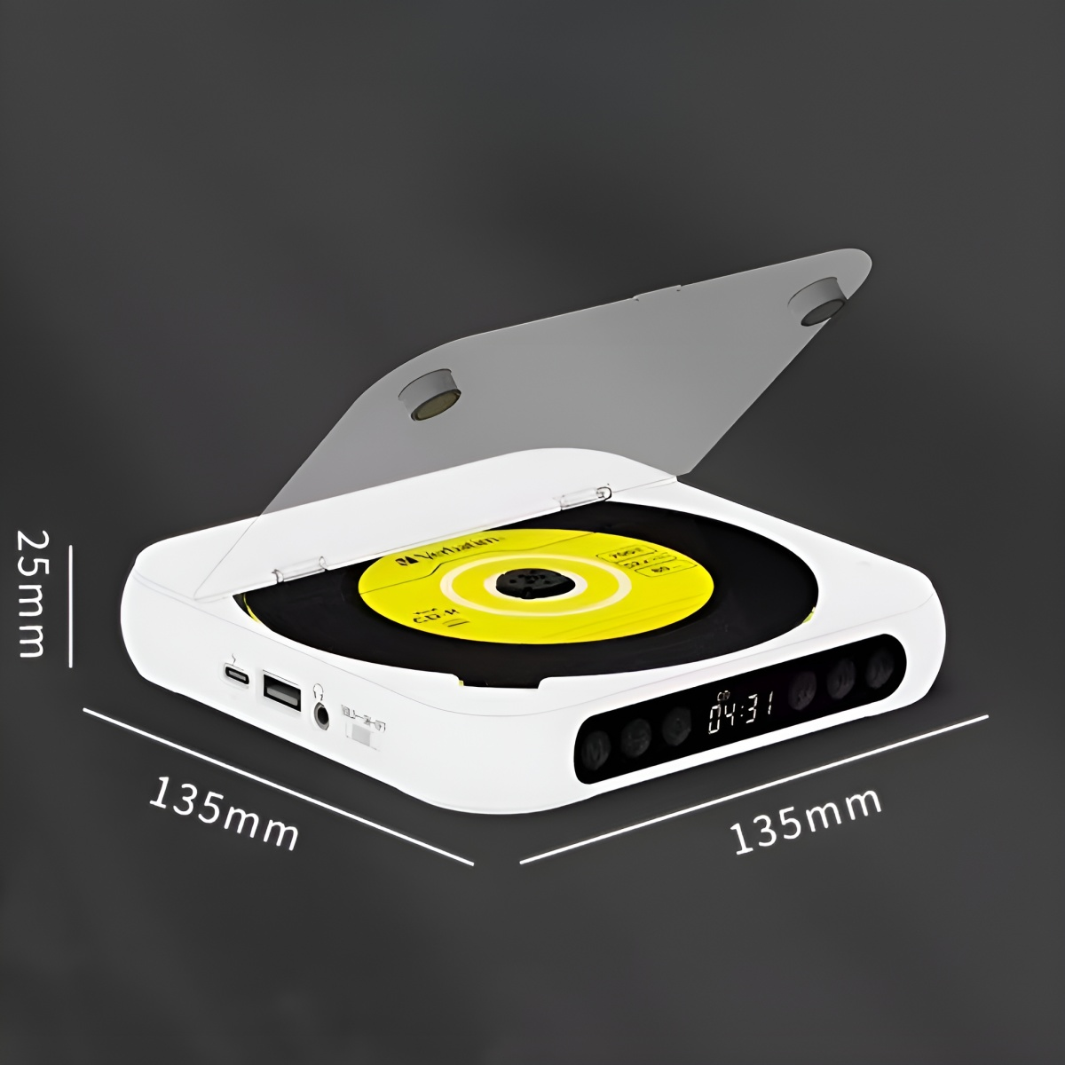 Weißer tragbarer CD-Player mit Maßen. Oberseite offen, CD sichtbar.