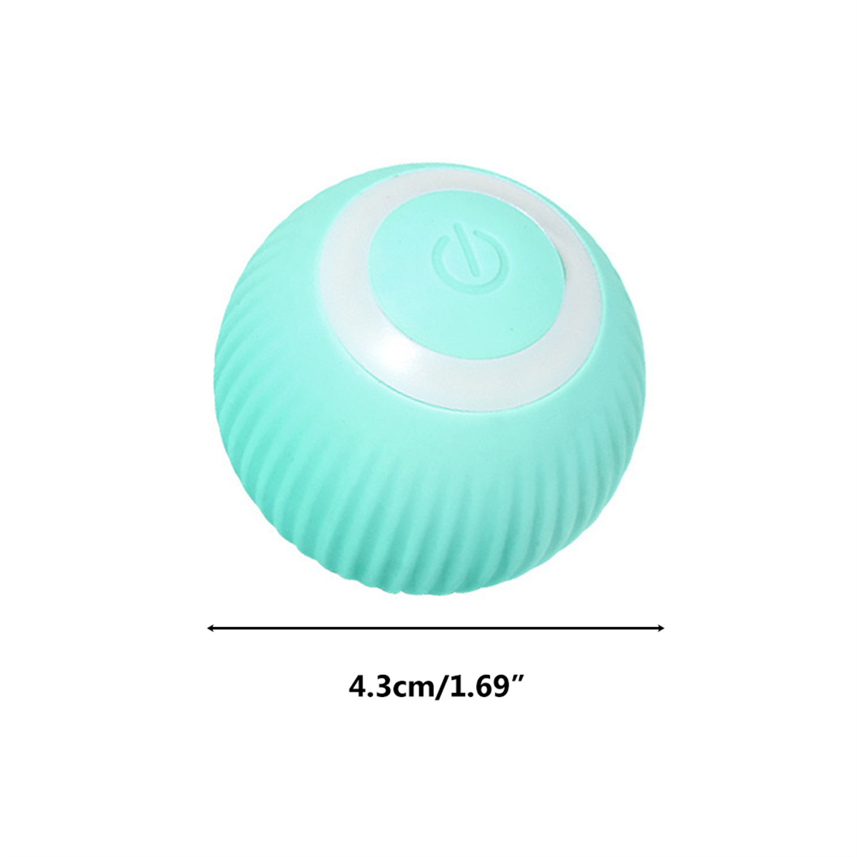 Ein türkis farbenes, kugelförmiges Katzenspielzeug mit einem weißen Ein- / Ausschalter. Das Spielzeug ist mit den Abmessungen gekennzeichnet: 4,3 cm/1,69".