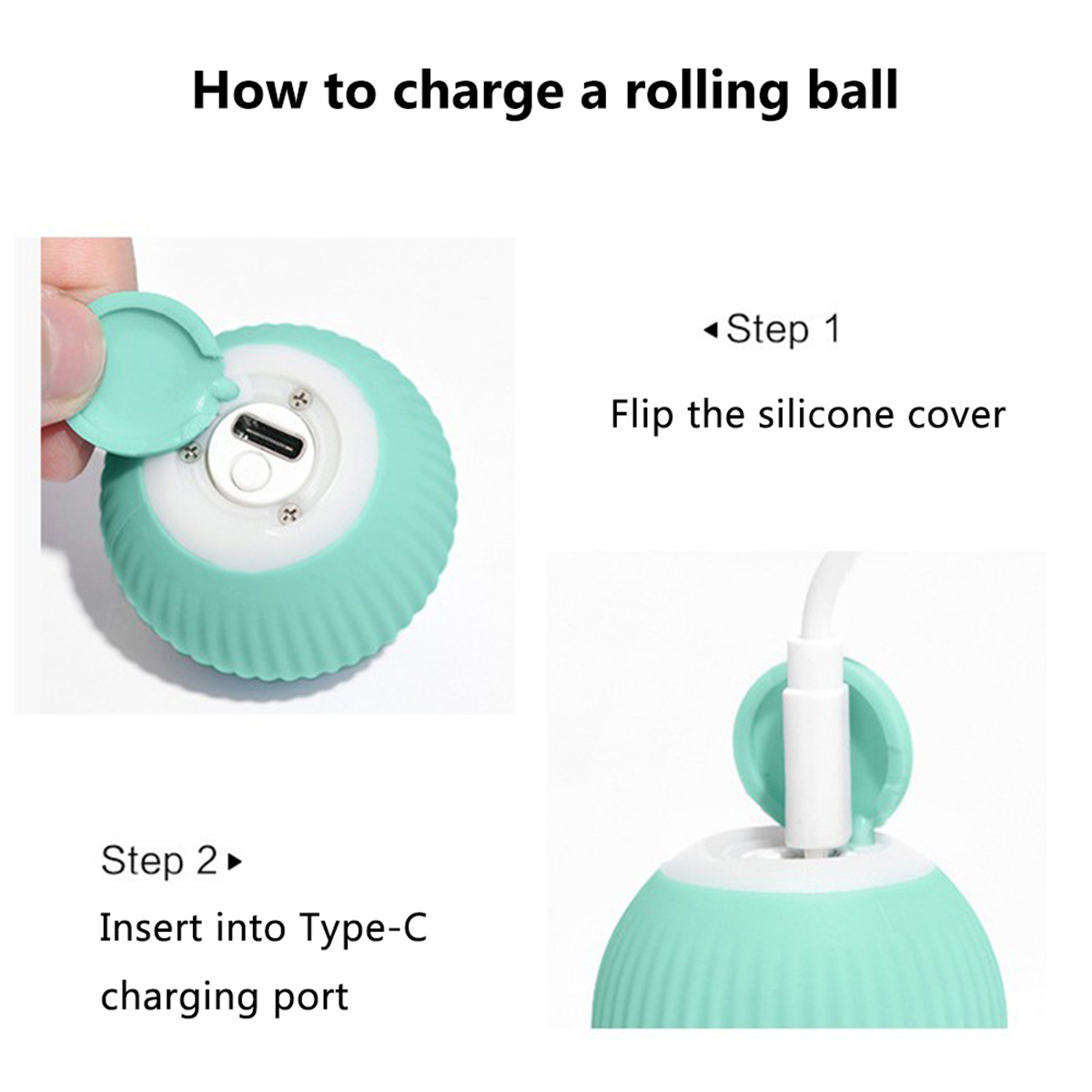 Anweisungen zum Aufladen eines rollenden Balls. Schritt 1: Abdeckung umklappen. Schritt 2: Ladekabel einsetzen.