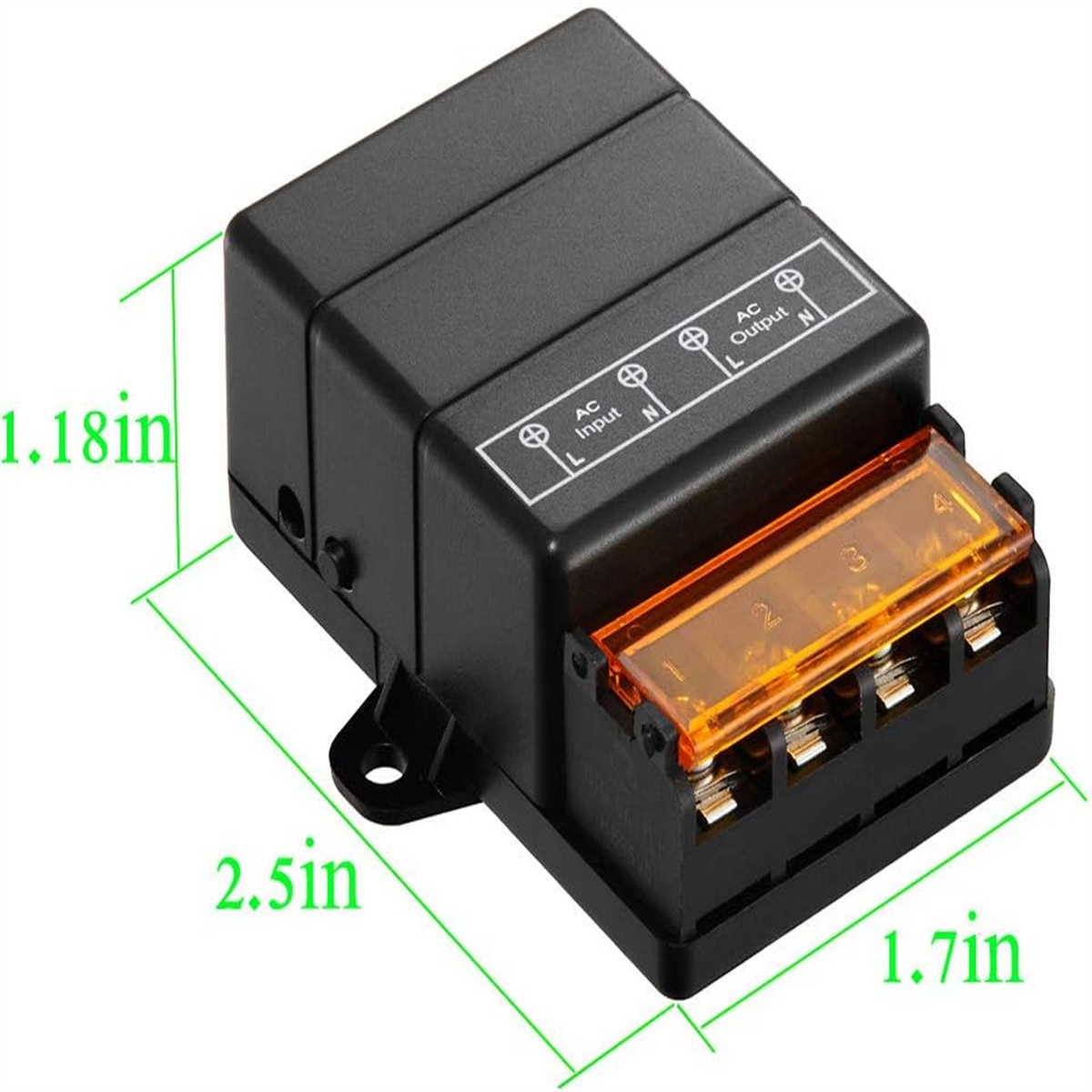 Eine schwarze elektrische Box mit Klemmen und Etiketten, mit Abmessungen in Zoll.