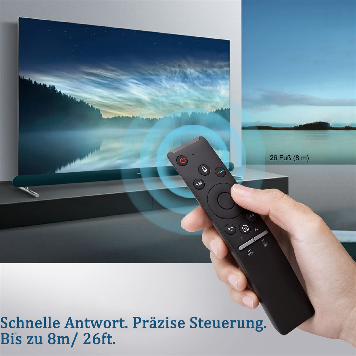 Fernbedienung zeigt auf TV-Bildschirm mit verschwommenem Hintergrund.