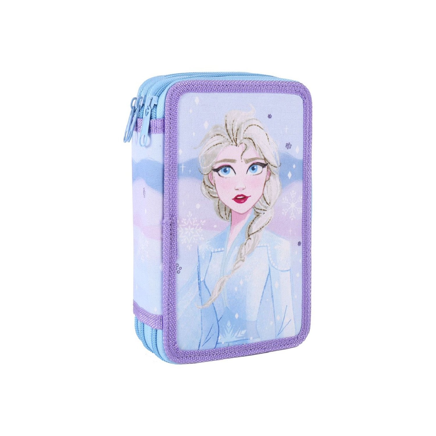 Elsa aus Frozen auf einem Federmäppchen. Lila und blau mit Reißverschluss.