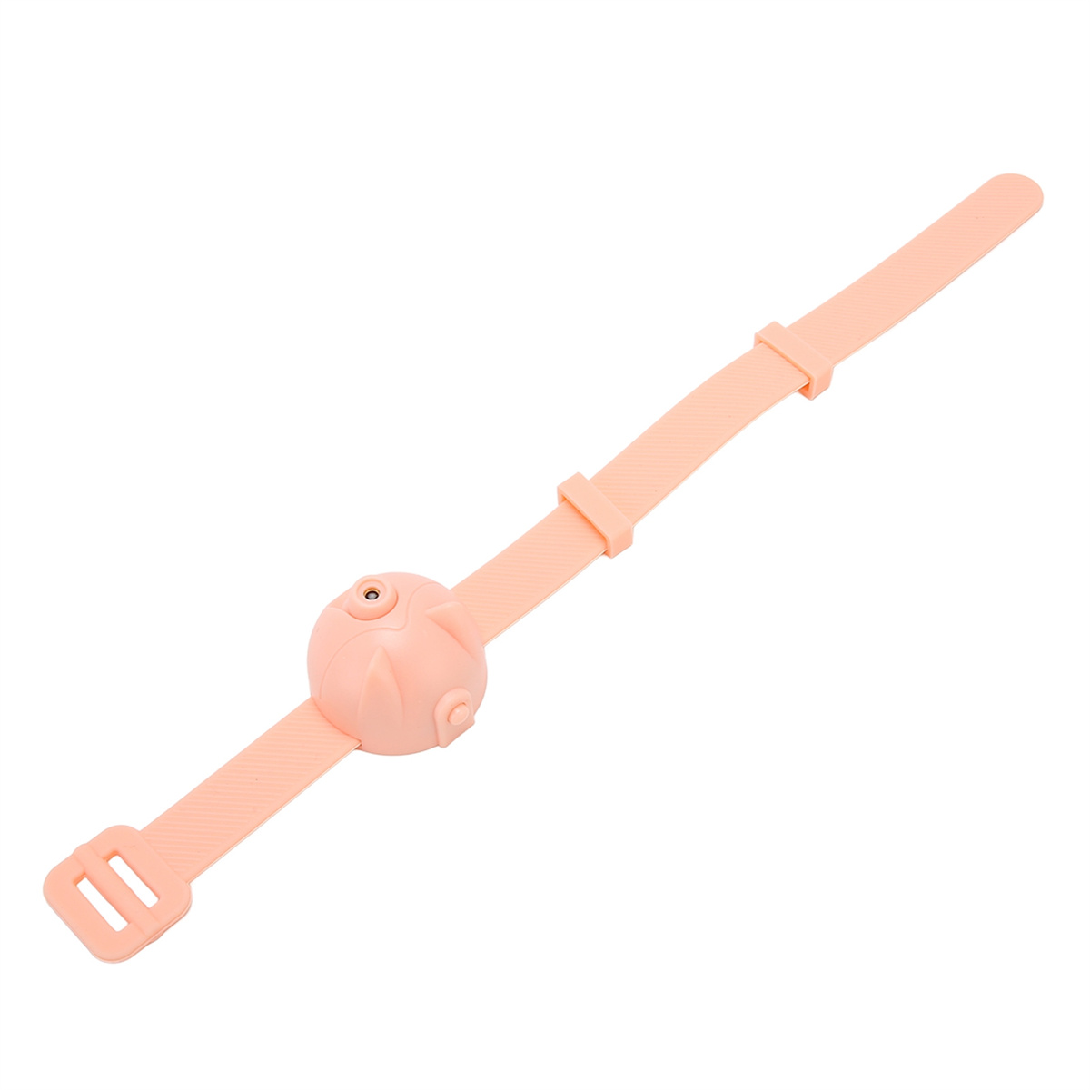 Pinkes Armband mit einem kleinen, runden Spender. Es hat einen Riemen und eine Schnalle. Fokus auf dem Spender.