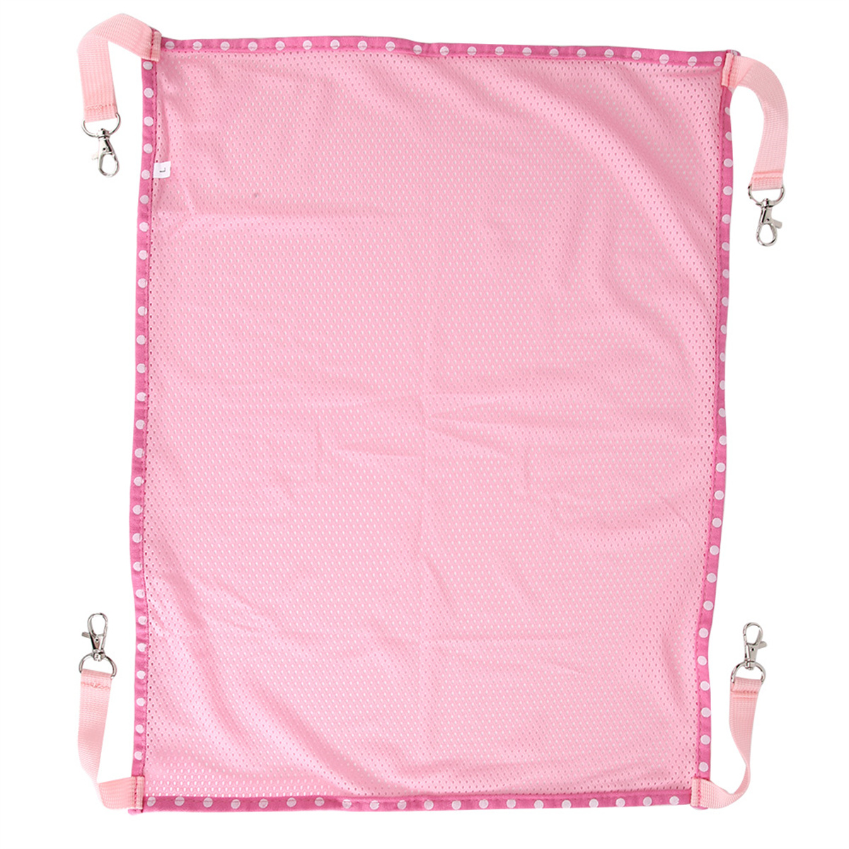 Pinke Haustier-Hängematte aus Mesh mit weißen Tupfen. Sie hat Riemen und Clips an jeder Ecke.